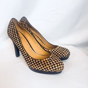 Brooks Brothers Houndstooth Calf Hair Platform Pumps Block Heel Women's Size 9